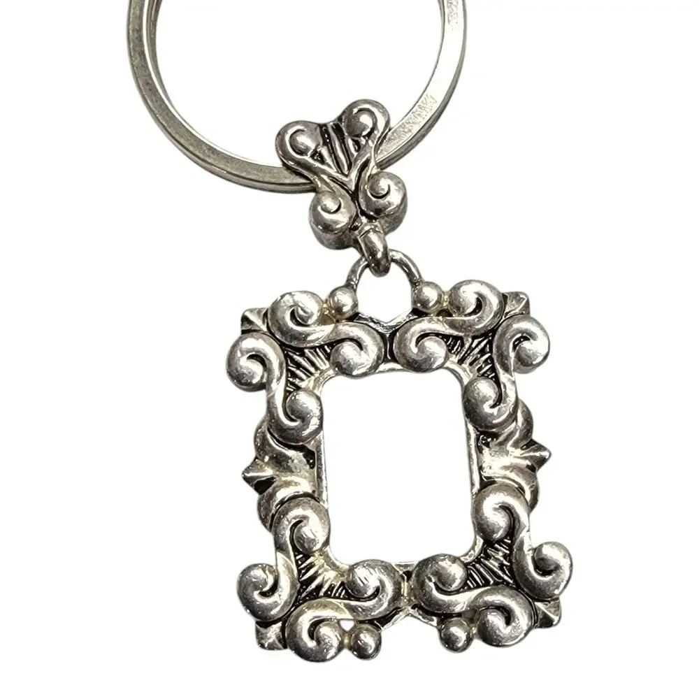 Vintage Ornate Mini Picture Frame Keychain Silver Tone Baroque Charm Key Ring